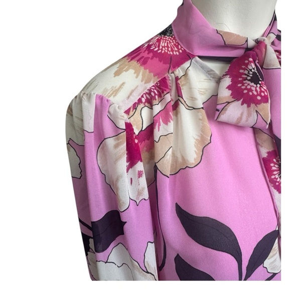 WORTHINGTON pink & fuschia maximalist floral blouse with neck tie women’s medium - Picture 4 of 12
